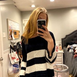 blue and white off the shoulder sweater
